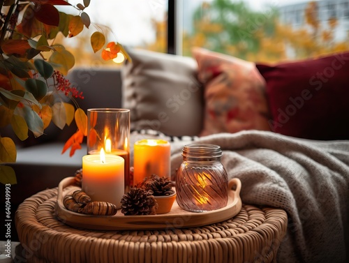 Cozy autumn interior decor arrangement  warm fall home decoration composition  dried flowers in vase