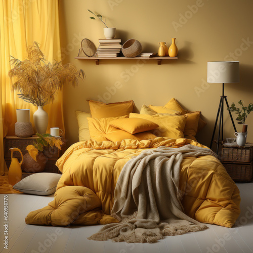 Yellow bedroom with carpeted floors