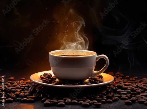 Professional Shot of a Hot Cup of Coffe, Smoking. Some Cocoa Beans on the Ground.