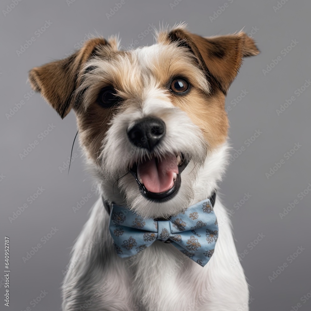 A cute dog with a bowtie, white background, happy face, open mouth