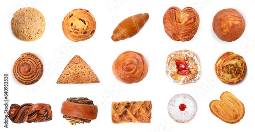Photos Set with different freshly baked pastries isolated on white, top view