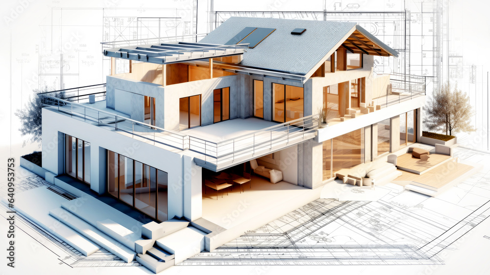 Building house on blueprints - construction project. Generative AI Building house on blueprints - construction project. Generative AI