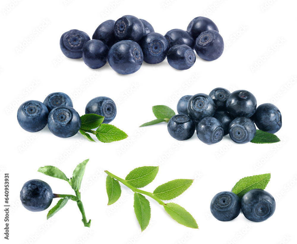 Set with tasty fresh bilberries and green leaves isolated on white Set with tasty fresh bilberries and green leaves isolated on white