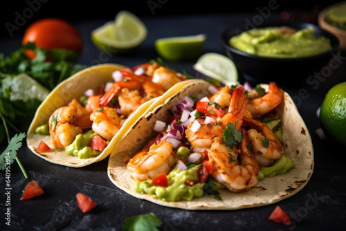 A mouthwatering close-up of Spicy Shrimp Scampi Tacos topped with salsa and guacamole, tempting you with their delicious flavors