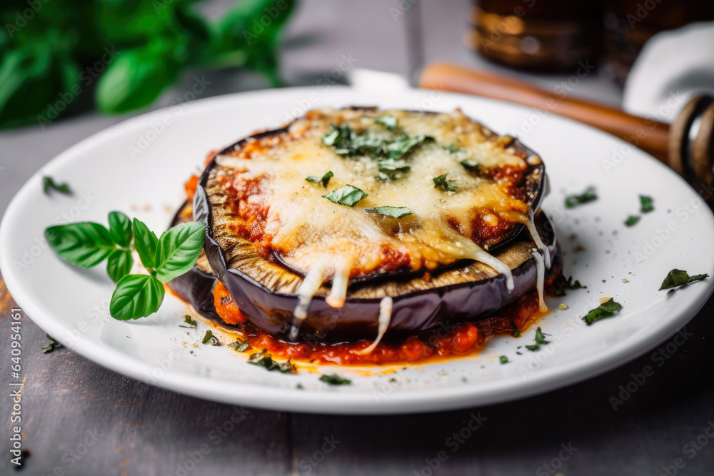 Decadent Eggplant Parmesan, a delicious Italian vegetarian meal, served on a white plate with fresh herbs, cracked black pepper, and a flavorful tomato sauce