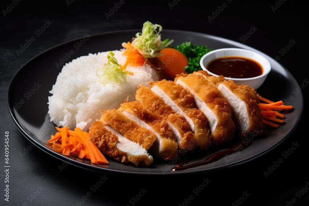 The photo captures a delicious dish of golden crispy chicken katsu accompanied by steaming hot rice, pickled vegetables, and a savory sauce The photo captures a delicious dish of golden crispy chicken katsu accompanied by steaming hot rice, pickled vegetables, and a savory sauce
