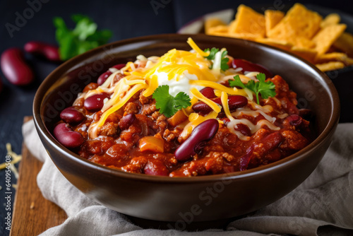 A close-up of spicy chili con carne, bursting with fiery flavors and vibrant ingredients, topped with an array of mouthwatering toppings