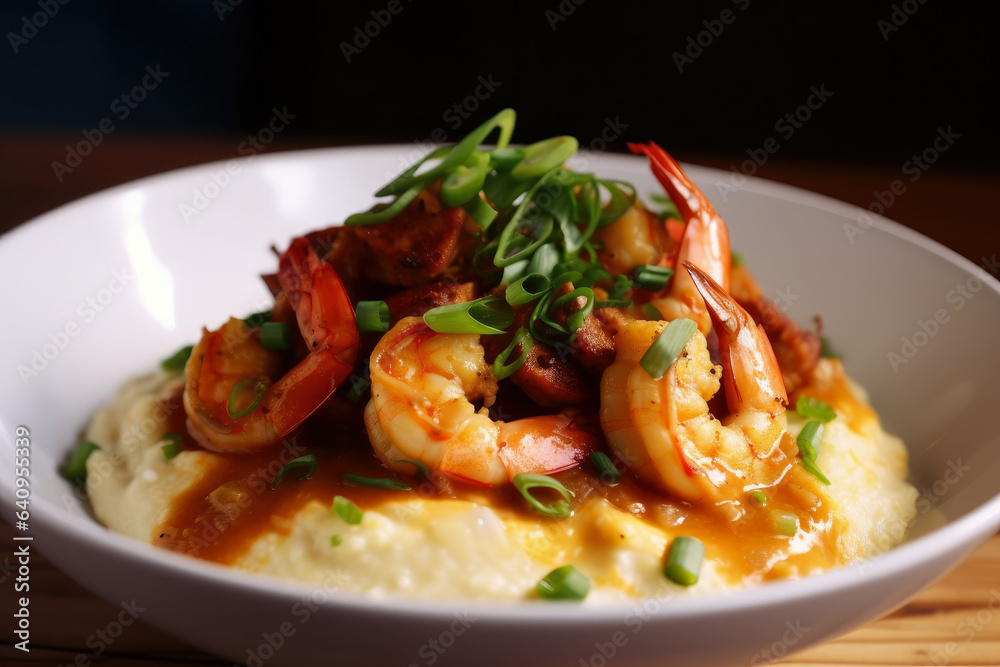 a delectable dish of shrimp and grits with a Cajun twist, exuding a steamy and savory appeal a delectable dish of shrimp and grits with a Cajun twist, exuding a steamy and savory appeal