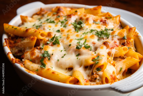 A mouthwatering homemade baked ziti, topped with melted cheese and fresh herbs, served in a white ceramic dish, exuding savory steam
