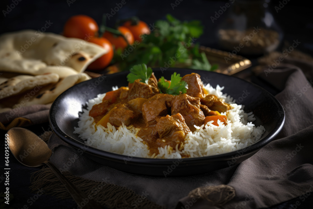 A perfectly slow-cooked lamb curry, infused with exotic spices and herbs, served alongside steaming basmati rice for an authentic experience