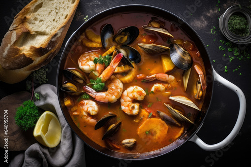 The bouillabaisse is slowly simmering in a copper pot, accompanied by crusty bread and a side of delectable seafood, creating a mouthwatering sight