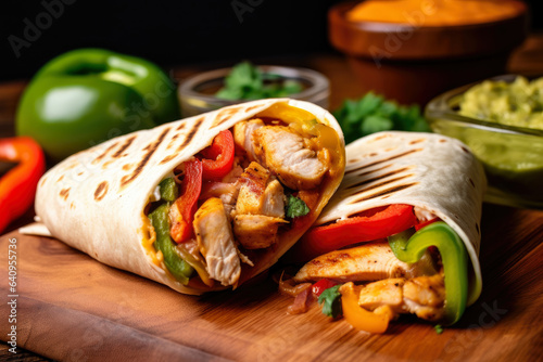 A close-up of a flavorful fajita wrap filled with grilled chicken, onions, and peppers, served on a wooden board alongside fresh salsa and guacamole photo