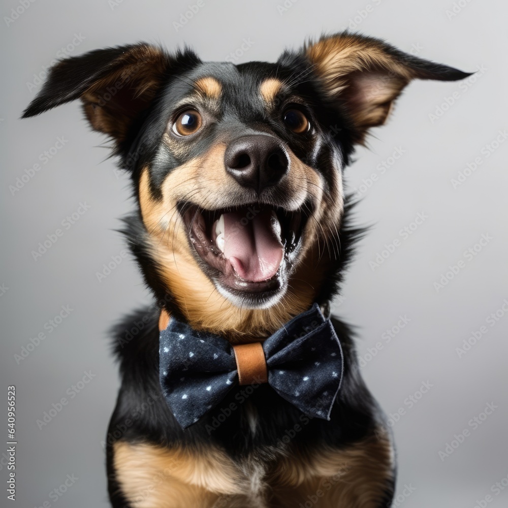 Fototapeta premium A cute dog with a bowtie, white background, happy face, open mouth