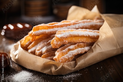 Traditional Spanish dessert churros with puffed sugar, churros close-up, fresh hot sticks in a paper bag