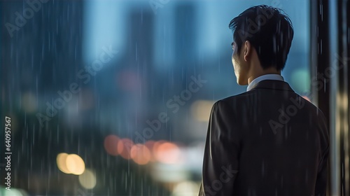 雨の中で悔しいビジネスマンの後ろ姿（怒る・悲しい・パワハラ・いじめ・モラハラ・リストラ・失業・借金）
 photo