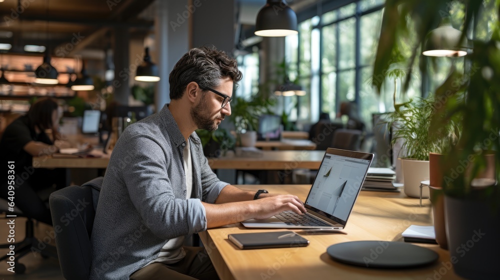 Young male digital designer working on a project in a coworking space. Young male digital designer working on a project in a coworking space.