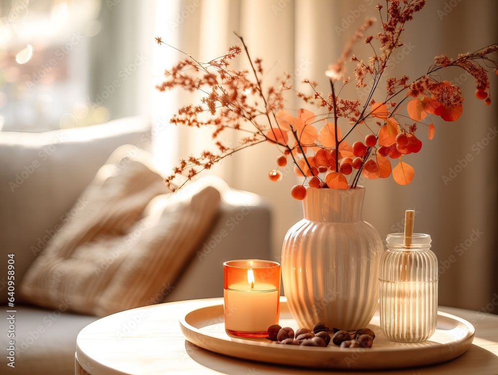 Cozy autumn interior decor arrangement, warm fall home decoration composition, dried flowers in vase