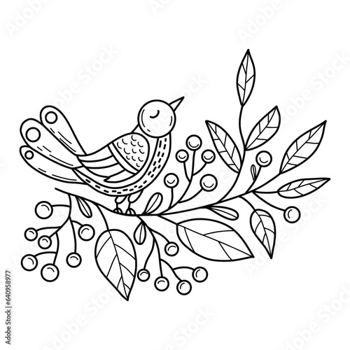 Bird with Christmas berries, holly. Vector illustration. outline hand drawing. Xmas design , holiday card, decor, coloring.