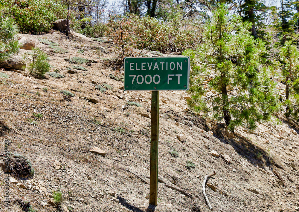 The Elevation 7000 FT Sign at the San Bernardino National Forest Highway 18.