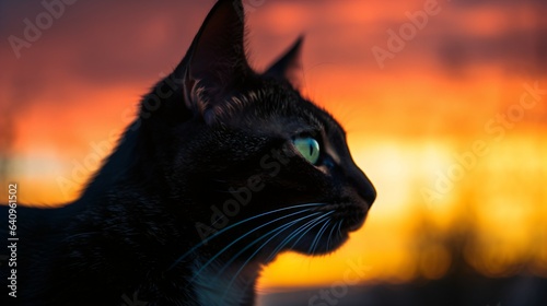 Cat Silhouette at Sunset clashing colour background. Generative AI