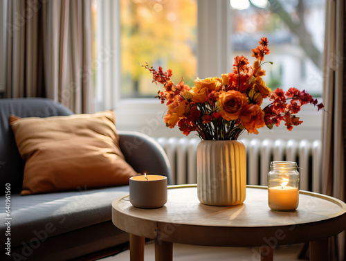 Cozy autumn interior decor arrangement, warm fall home decoration composition, dried flowers in vase