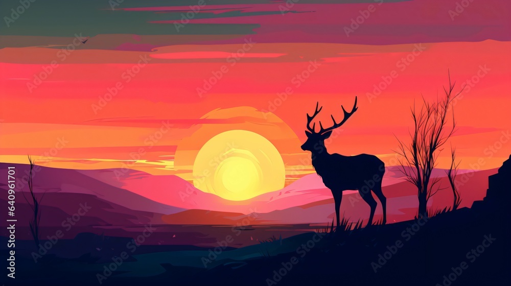 Deer Silhouette at Sunset clashing colour background. Generative AI