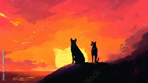 Dogs Silhouette on Beautiful Sunset Background. Generative AI