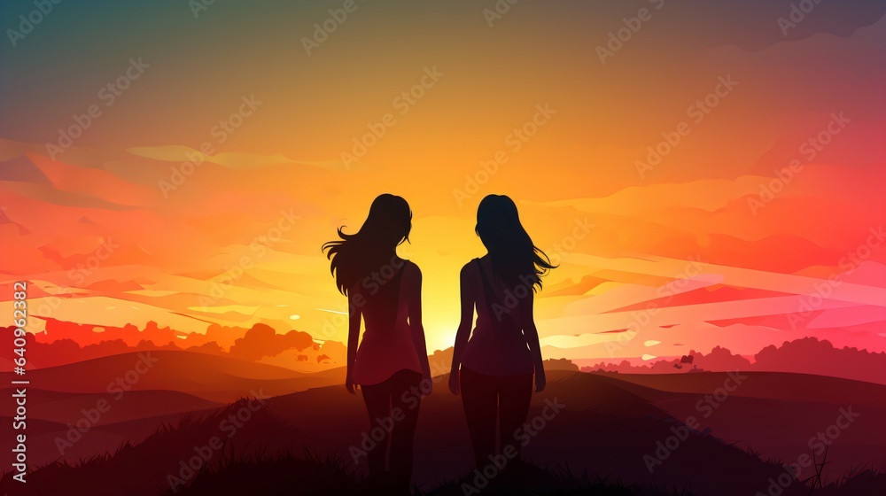 Girls Silhouette on Beautiful Sunset Background. Generative AI