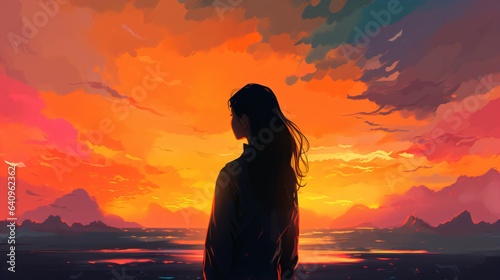 Girl Silhouette on Beautiful Sunset Background. Generative AI