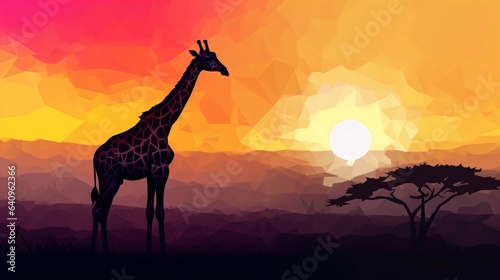 Giraffe Silhouette Against a Dramatic Sunset, Ideal Background for Wildlife-themed Designs and Striking Imagery. Generative AI