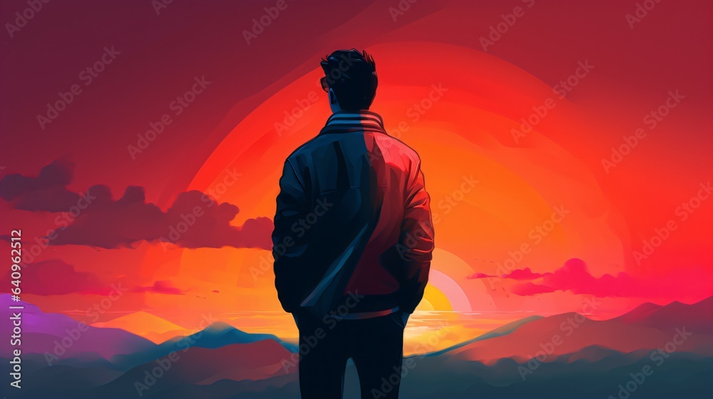 Guy Silhouette on Beautiful Sunset Background. Generative AI Guy Silhouette on Beautiful Sunset Background. Generative AI