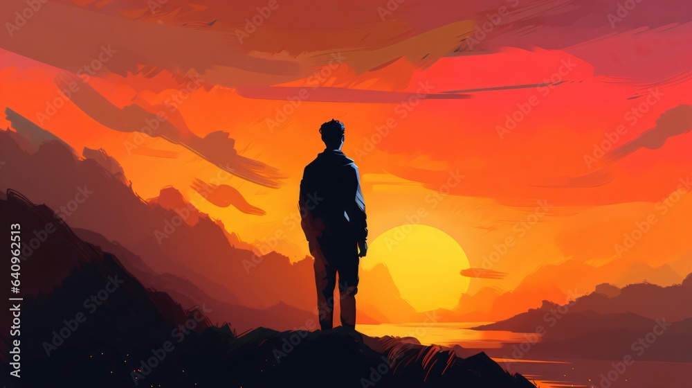Guy Silhouette on Beautiful Sunset Background. Generative AI