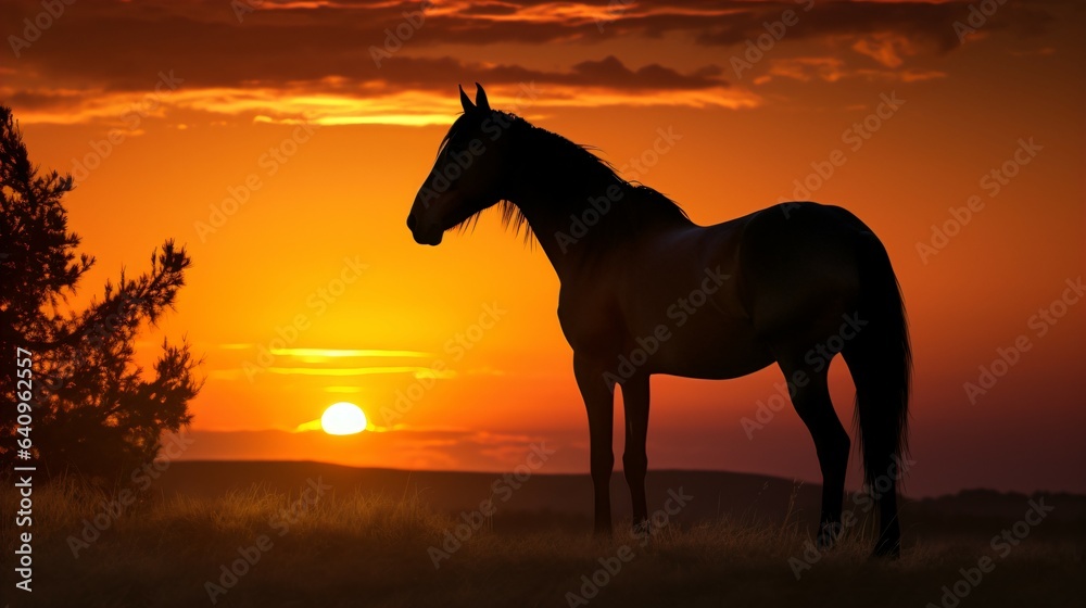 Horse Silhouette Against a Dramatic Sunset, Ideal Background for Wildlife-themed Designs and Striking Imagery. Generative AI