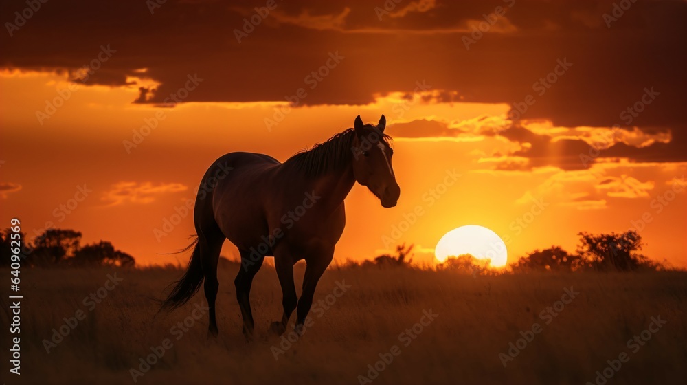 Horse Silhouette Against a Dramatic Sunset, Ideal Background for Wildlife-themed Designs and Striking Imagery. Generative AI