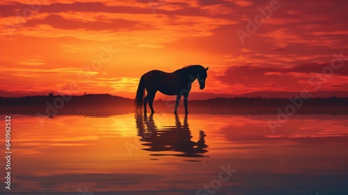 Horse Silhouette Against a Dramatic Sunset, Ideal Background for Wildlife-themed Designs and Striking Imagery. Generative AI © ShadowHero