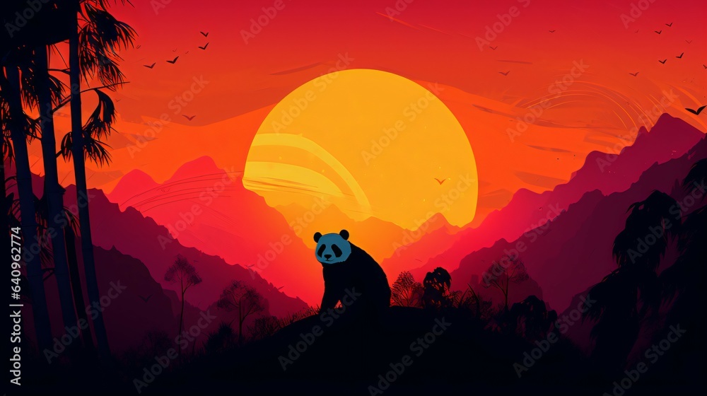 Fototapeta premium panda Silhouette Against a Dramatic Sunset: Ideal Background for Wildlife-themed Designs and Striking Imagery. Generative AI