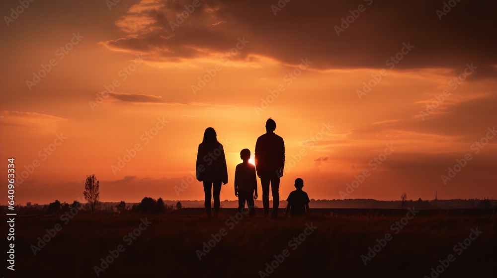 Family Silhouette Against a Dramatic Sunset: Ideal Background for Family-themed Designs and Heartfelt Moments.  Generative AI