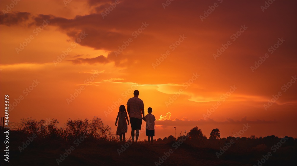 Family Silhouette Against a Dramatic Sunset: Ideal Background for Family-themed Designs and Heartfelt Moments.  Generative AI