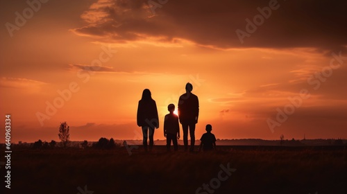 Family Silhouette Against a Dramatic Sunset: Ideal Background for Family-themed Designs and Heartfelt Moments. Generative AI