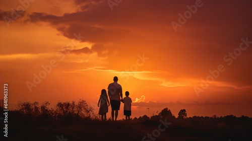 Family Silhouette Against a Dramatic Sunset: Ideal Background for Family-themed Designs and Heartfelt Moments.  Generative AI © ShadowHero