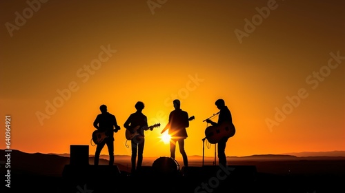 Vibrant Sunset Serenade, Simple Background with Clashing Colors Sets the Stage for The Band. Generative AI © ShadowHero