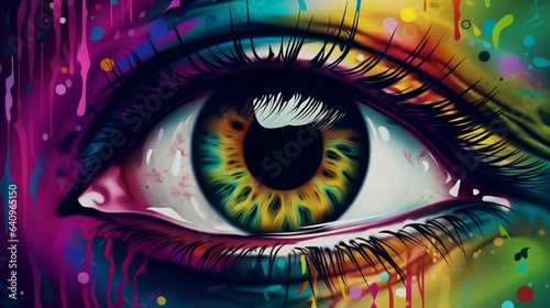 Transcendent Vision, Hyperrealistic Eye in Vivid Colors on a Psychedelic Canvas. Generative AI