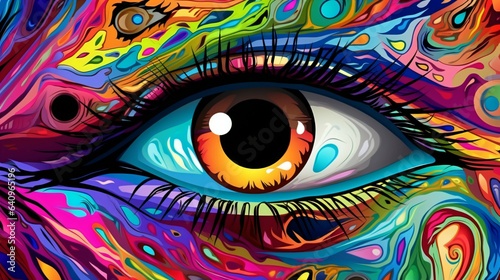 Transcendent Vision, Hyperrealistic Eye in Vivid Colors on a Psychedelic Canvas. Generative AI