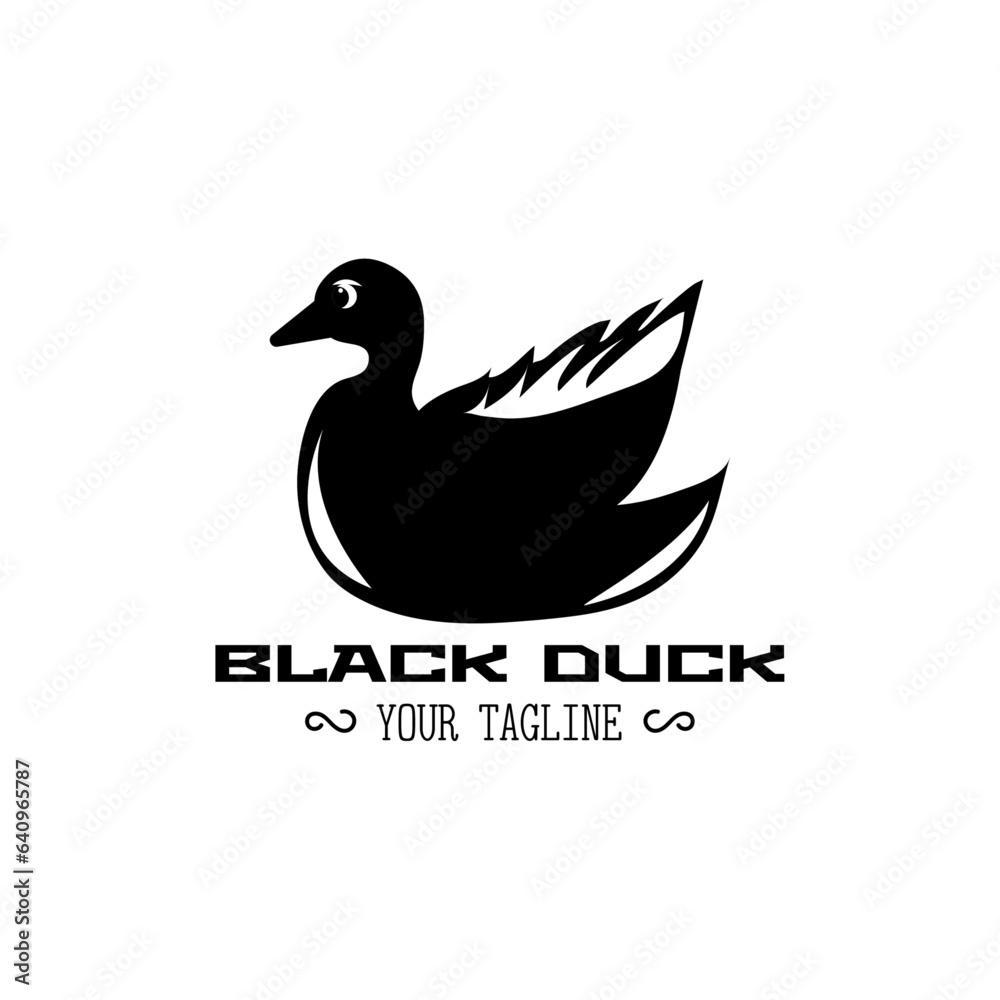 Fototapeta premium Black and white minimalistic duck logo with text on white background