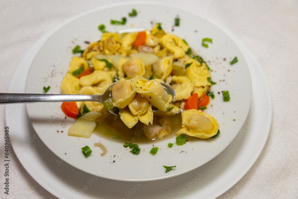 Italian tortellini (capeletti, agnolini) soup with chicken and vegetables, special soup for cold nights