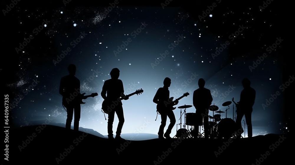 Celestial Rockstar Nigh, Gradient Canvas with Shooting Stars Sets Stage for Silhouetted Band. High-Res Artwork Craftsmanship. Generative AI