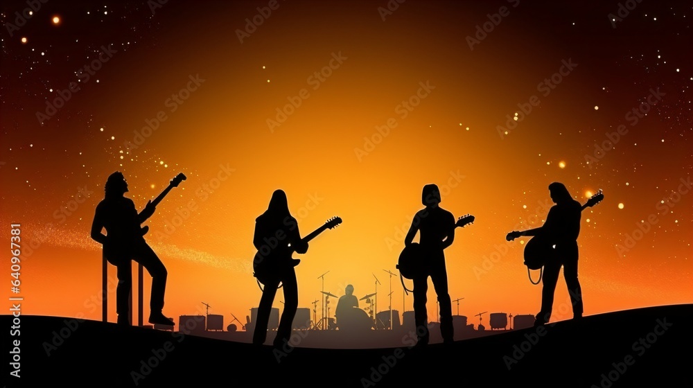 Celestial Rockstar Nigh, Gradient Canvas with Shooting Stars Sets Stage for Silhouetted Band. High-Res Artwork Craftsmanship. Generative AI