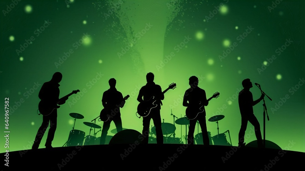 Celestial Rockstar Nigh, Gradient Canvas with Shooting Stars Sets Stage for Silhouetted Band. High-Res Artwork Craftsmanship. Generative AI