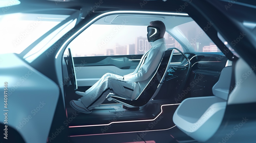 未来の車で自動運転している人間
