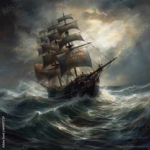 Romantic painting of a ship sailing in a stormy sea, with dramatic lighting and powerful waves 